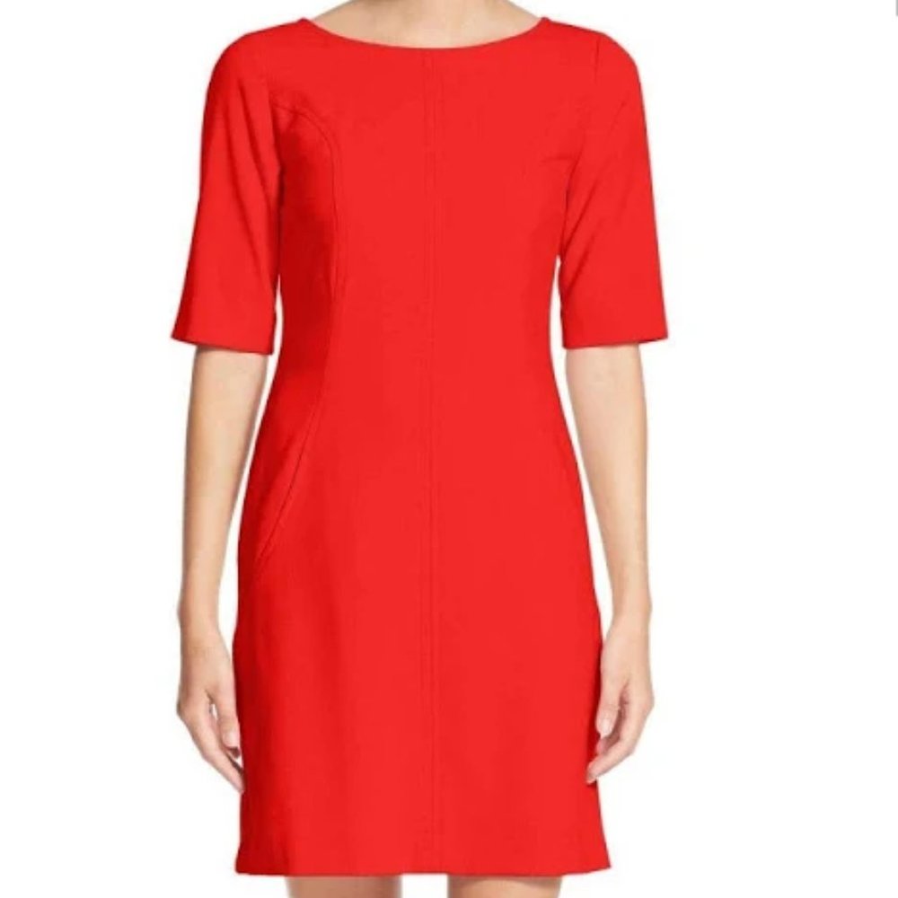 Tahari Red A Line Boatneck 3/4 Sleeve Dress Size 4